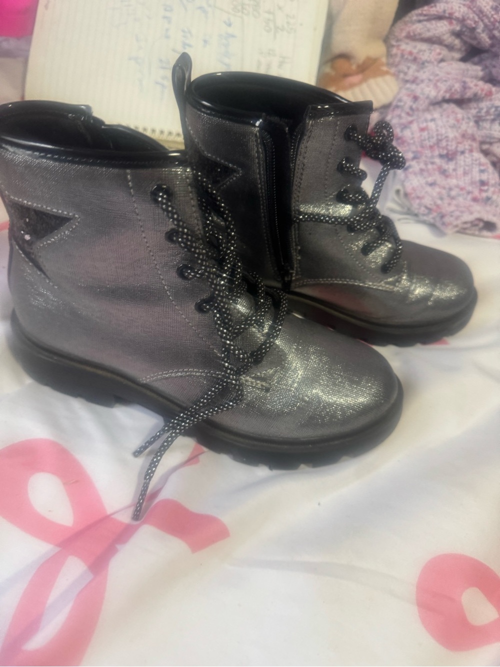 Girls' Shimmering Gray Lace-Up Ankle Boots